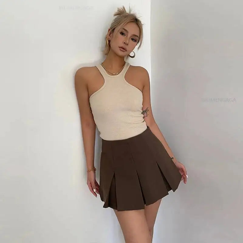 WOMENGAGA American High Street A-line Short Unif School Girl Fairy Grunge Skirt High Waist Pleated Skorts Streetwear Lovely HM2O