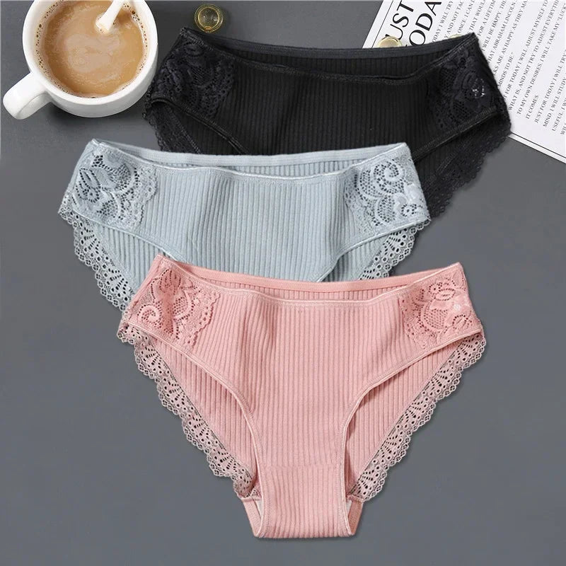 New 3Pcs/set Women's Cotton Panties M-2XL Women Patchwork Lace Underwear Sexy Low Waist Briefs Ladies Comfortable Underpants