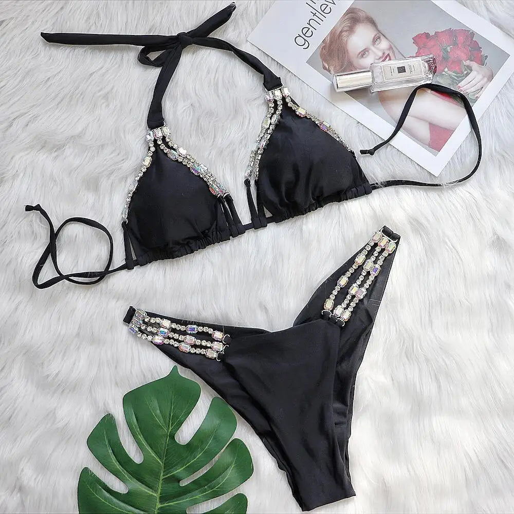 Sexy Rhinestone Bikini Set 2025 Shinny Hot Pink Push Up Thong Swimsuit Brazilian Diamond Metal Chain Beach Bathing Suit Swimwear