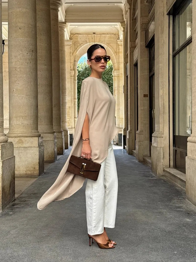 Trendix White Asymmetrical Cover Up For Women Fashion Ruffle Hem Loose Short Sleeve Shirts Casual Elegant Commuting Pullover Top