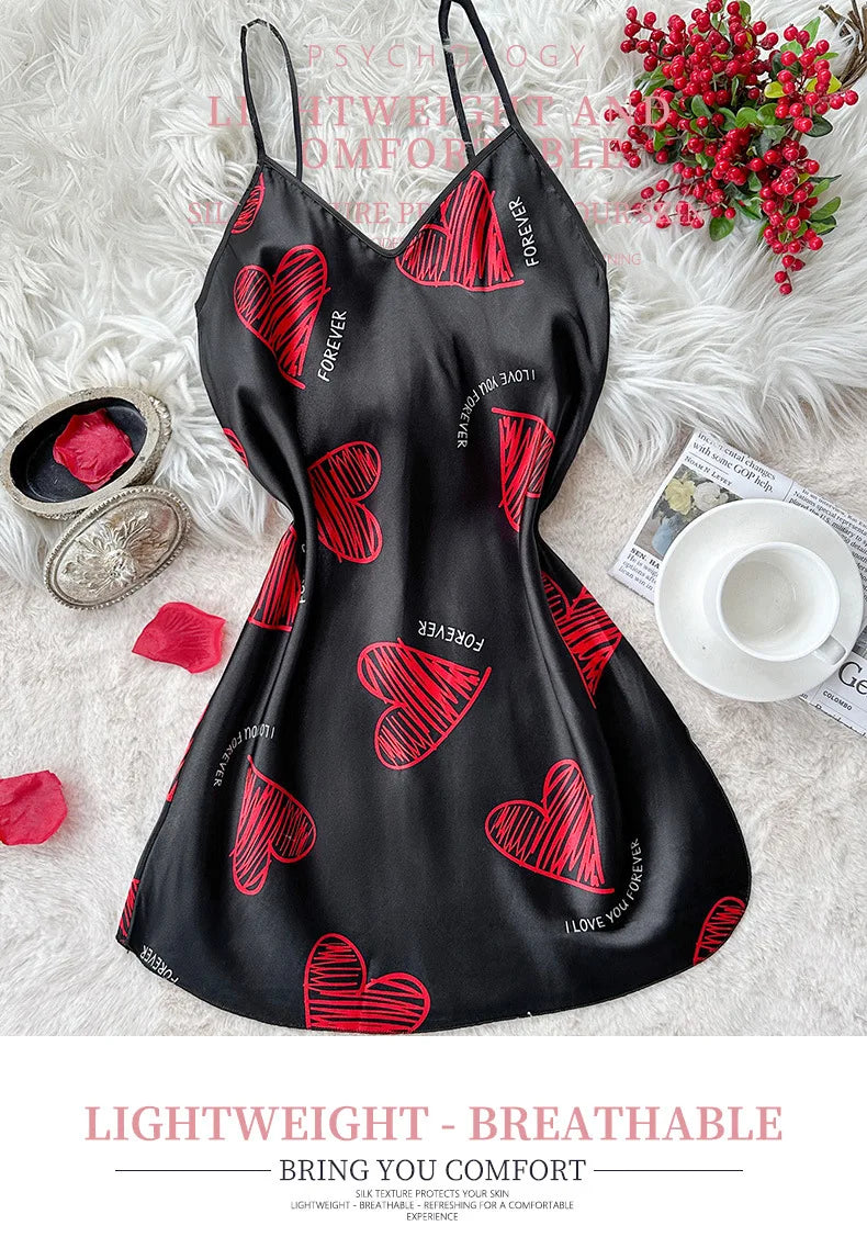 Valentine's Day Red Lip Print Satin Slip Straps Nightdress V Neck Backless Mini Sleep Dress Women's Nighties Sleepwear Dresses