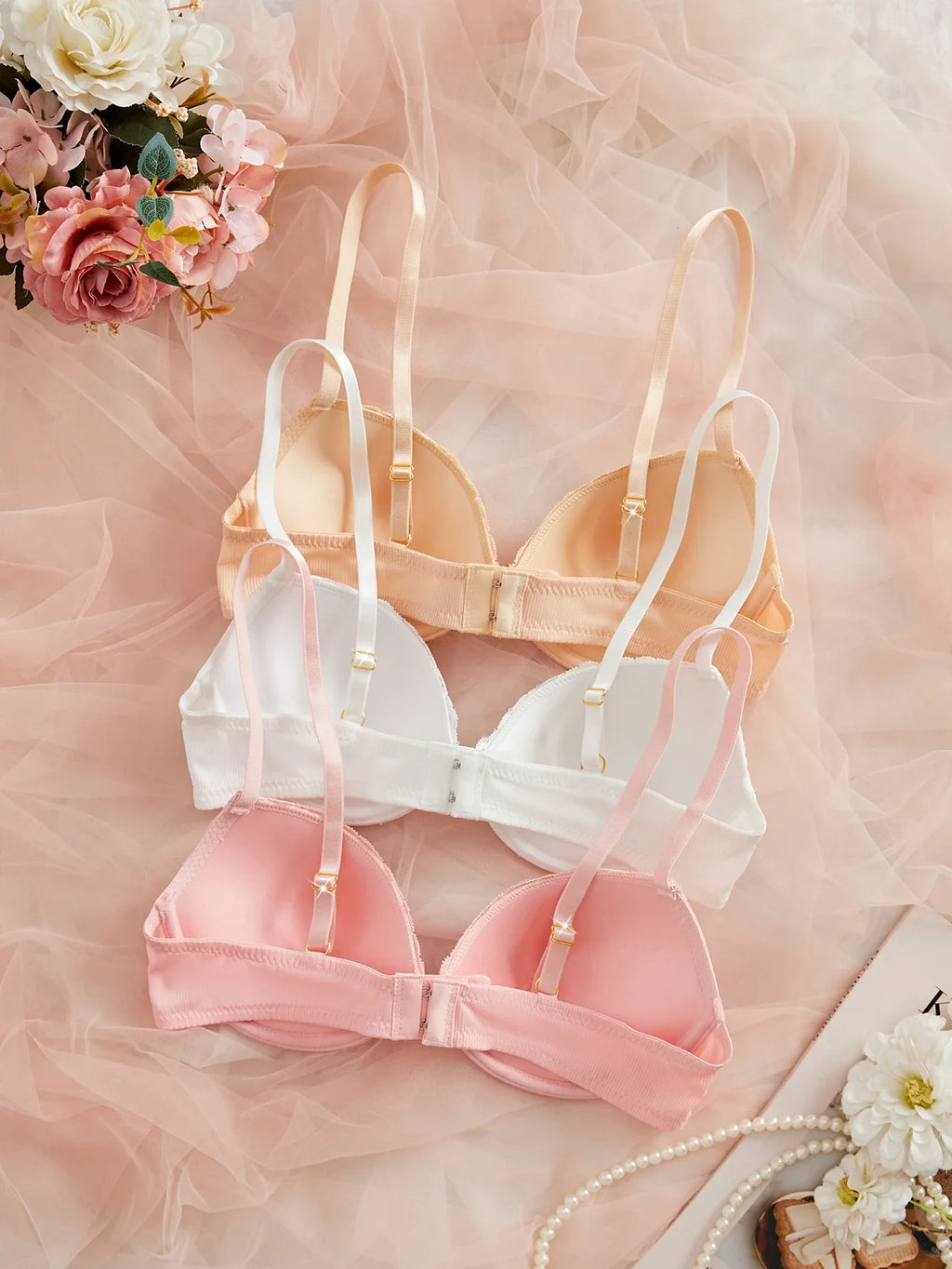 3-Pack Ribbed Women's Underwear Set Everyday Push up Bra Lace Trim Splicing Sexy Bras Comfortable Thin Cup Underwire Women's Bra
