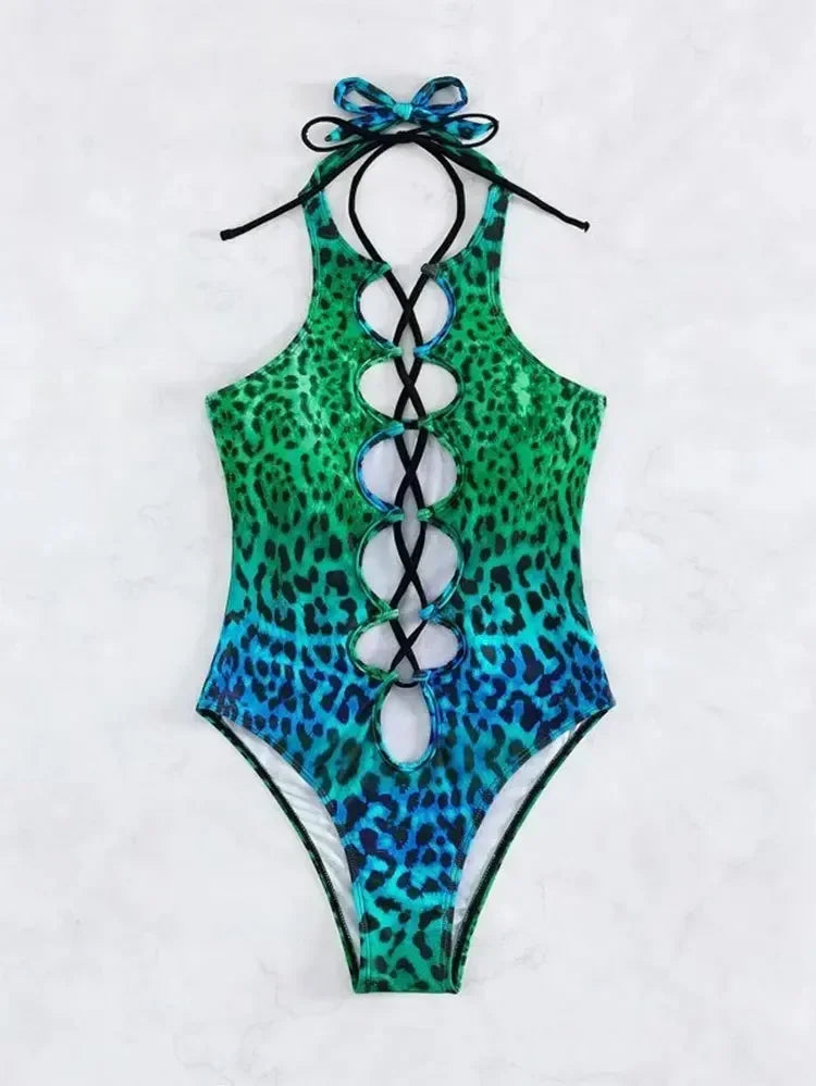 Sexy Hollow Out One Piece Swimsuit 2025 Women Blue Leopard Print Gradient Bandage Backless Bikini Bathing Suit Thong Swimwear