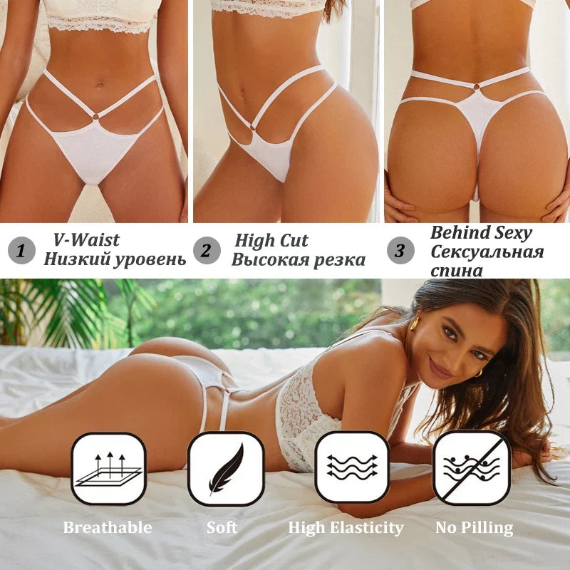 5PCS Women Sexy Cotton Panties Two Belts Hollow Out G-String Thongs Breathable Underwear for Female Solid Color Lingerie S-XL