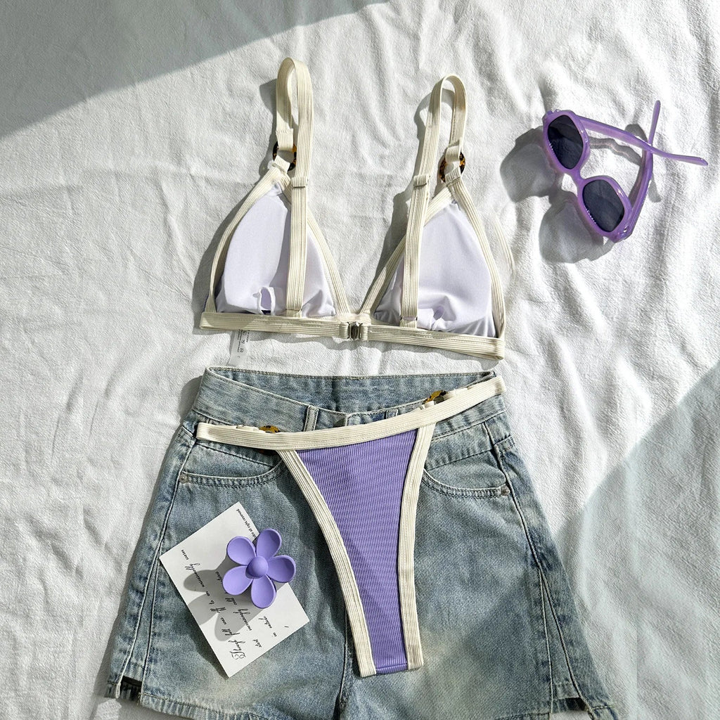 Sexy Khaki Patchwork Micro Bikini 2026 Women Brazilian Push Up Bra Metal Circle Thong Swimsuit Bathing Suit Holiday Swimwear
