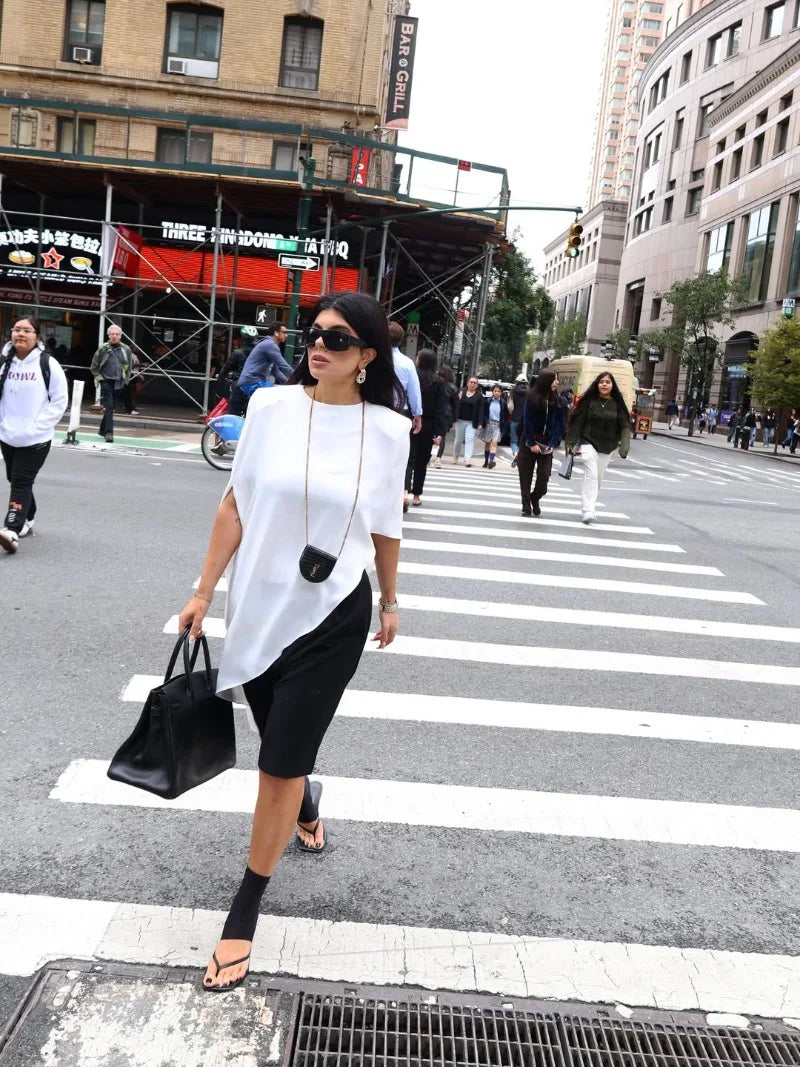 Trendix White Asymmetrical Cover Up For Women Fashion Ruffle Hem Loose Short Sleeve Shirts Casual Elegant Commuting Pullover Top