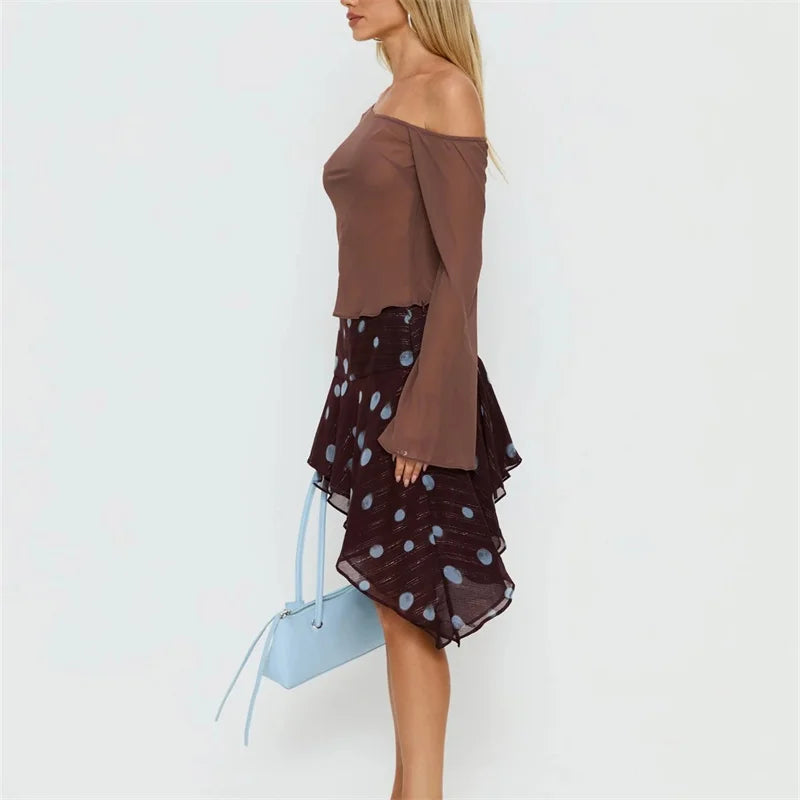 Women Polka Dot Mini Skirt See Through Mesh Sheer Ladies Aesthetic Y2K Clothes High Waist Sweet Midi Boho Skirt Streetwear