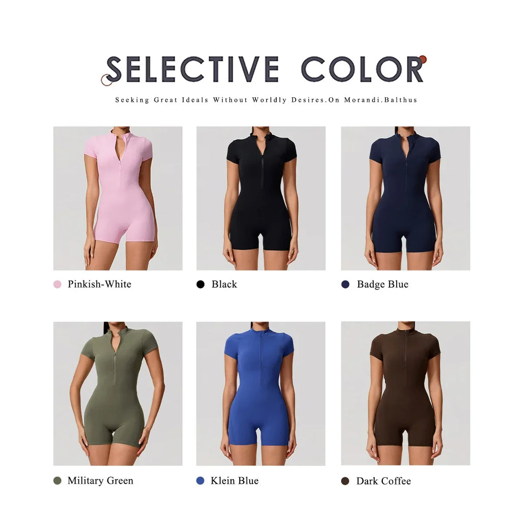Hearuisavy Summer Women's Short Sleeved Sports Overalls Running Yoga Jumpsuit High Stretch Push Up Fitness Bodysuit With Zipper