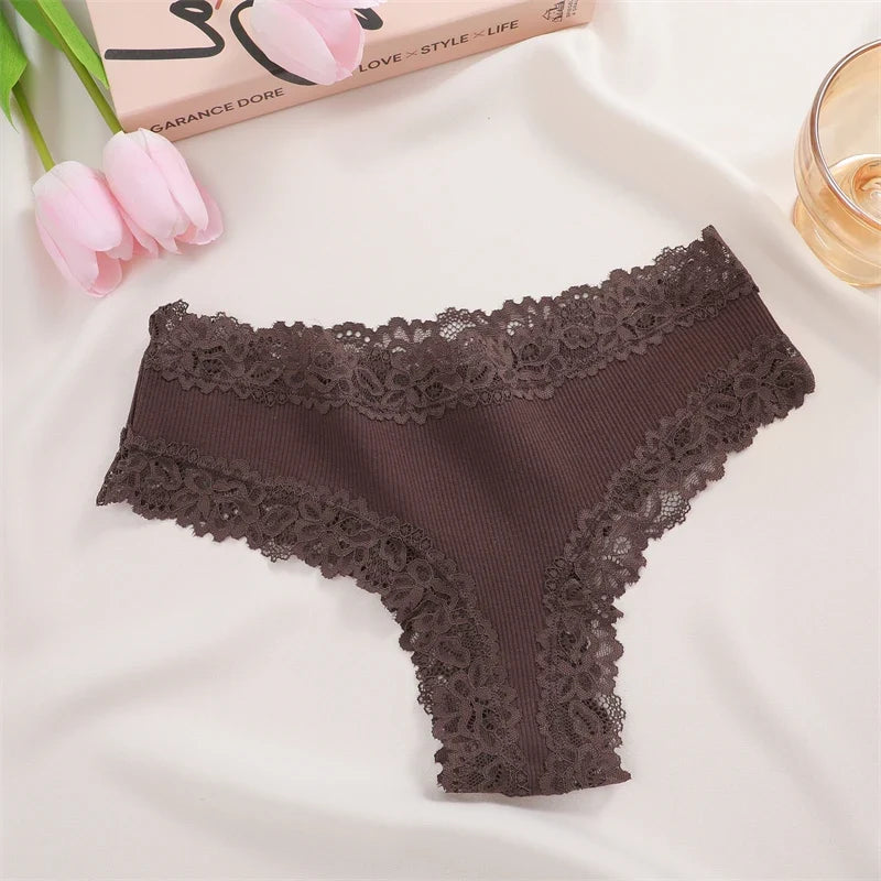 3Pcs Women Cotton Brazilian Pants Sexy Lace Brazilian Briefs Low Waist Floral Solid Color G-string Breathable Soft Lingerie