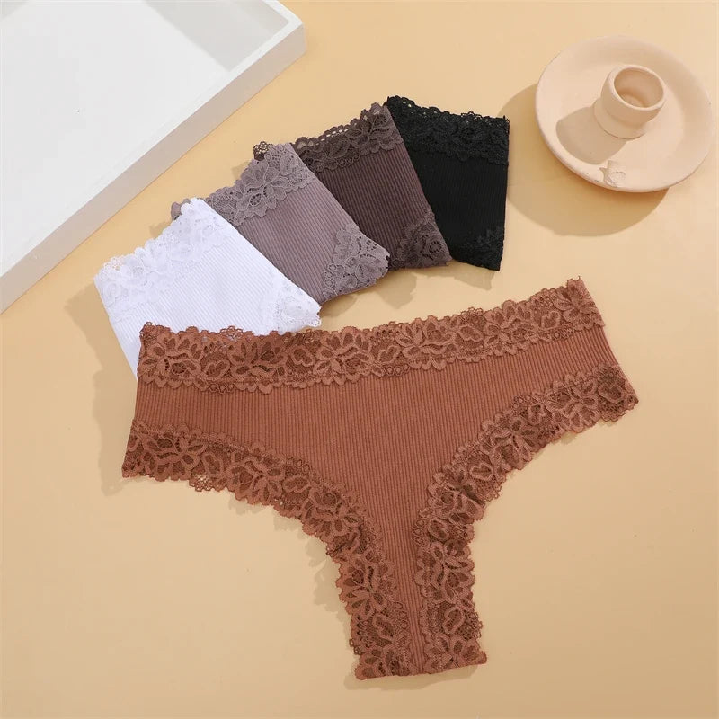 3Pcs Women Cotton Brazilian Pants Sexy Lace Brazilian Briefs Low Waist Floral Solid Color G-string Breathable Soft Lingerie