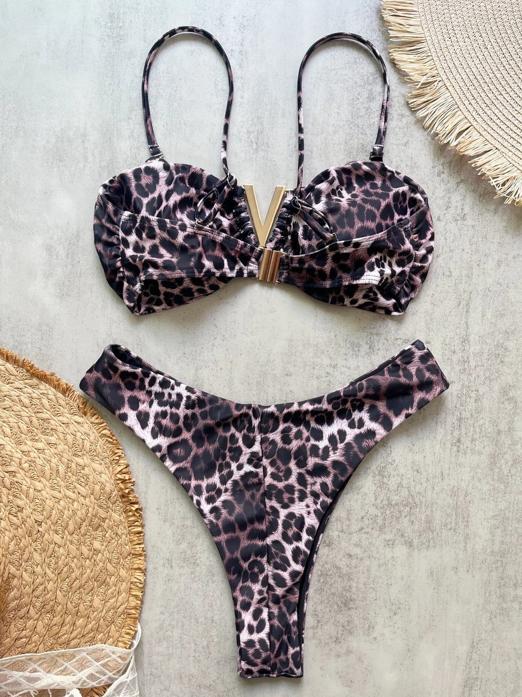 Sexy Brown Leopard Print Micro Bikini Women Metal V Neck Push Up High Waist Swimsuit 2026 Beach Bathing Suit Vacation Swimwear