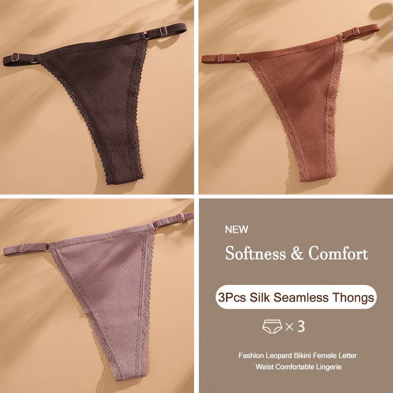 3Pcs/Set Cotton G-String Sexy Women Thong Adjustable Belt Seamless Panties Breathable Low Waist Lingerie Female Soft Solid Color
