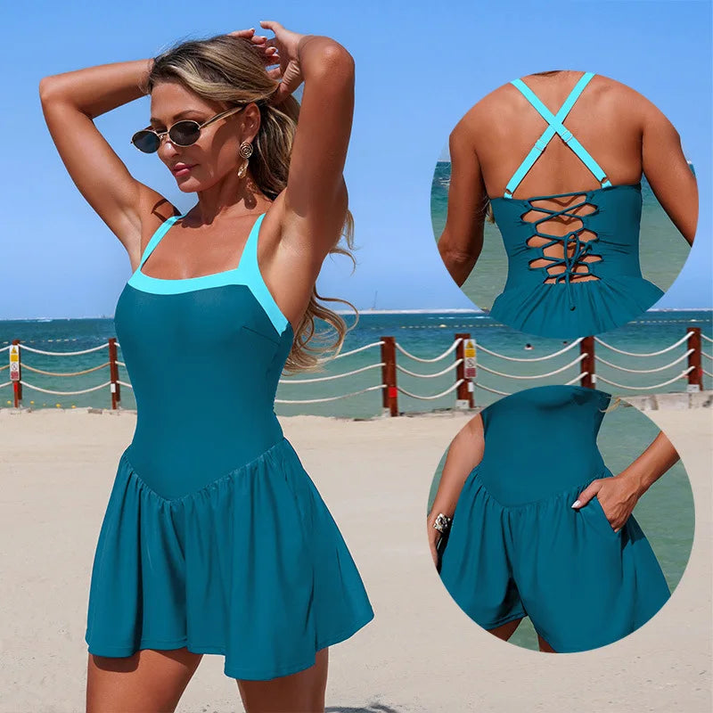 Vintage Black Patchwork Skirt One Piece Swimsuit 2026 Women Back Bandage Cross Pocket Swimwear Beach Bathing Suit Slim Monokini
