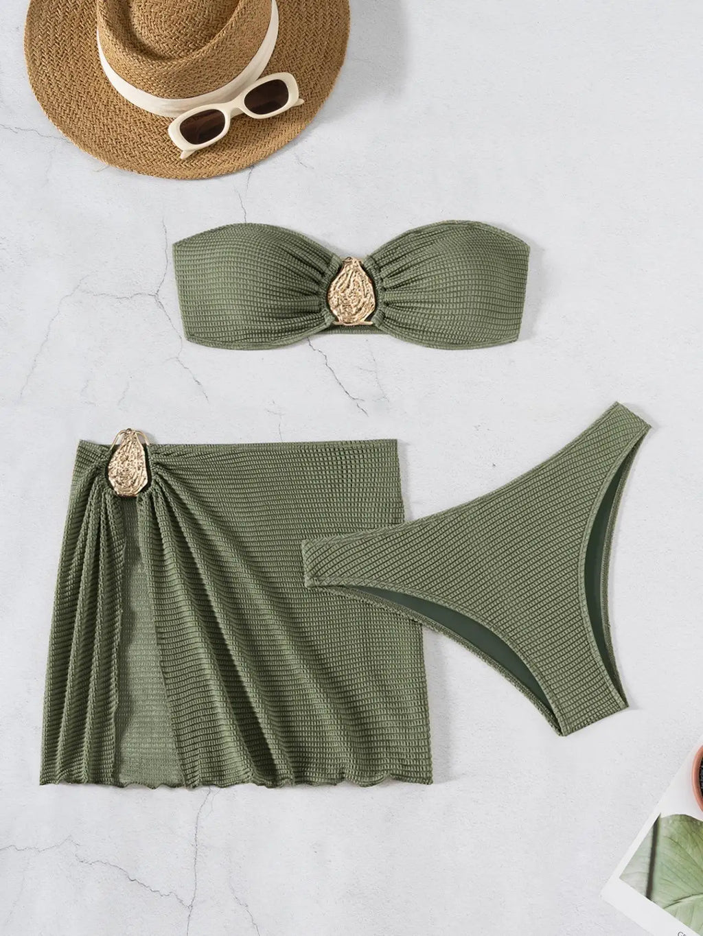 2026 New Sexy Bandeau Bikini Women Metal Water Droplet Ornament Push Up Mesh Skirt 3 Piece Swimsuit Beach Bathing Suit Swimwear