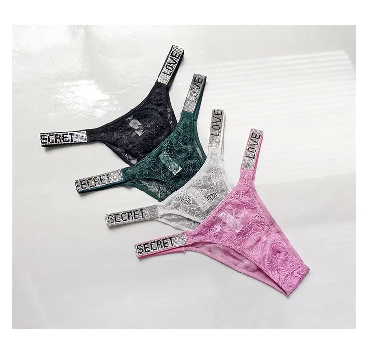 Rhinestone Lace Letter Sexy G String Women Panties Seamless Girls Underwear Transparent Thong For Female Low Rise Ladies Briefs