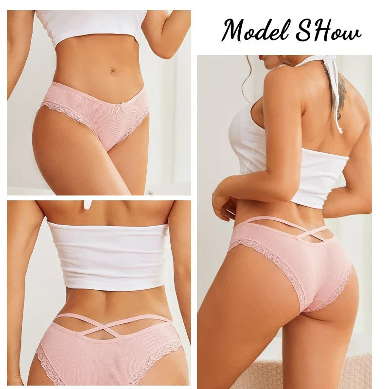 3PCS/Set Women Cotton Panties Low Waist Sexy Lace Brazilian Briefs Female Cross Webbing Underpants Soft Breathable Lingerie S-XL