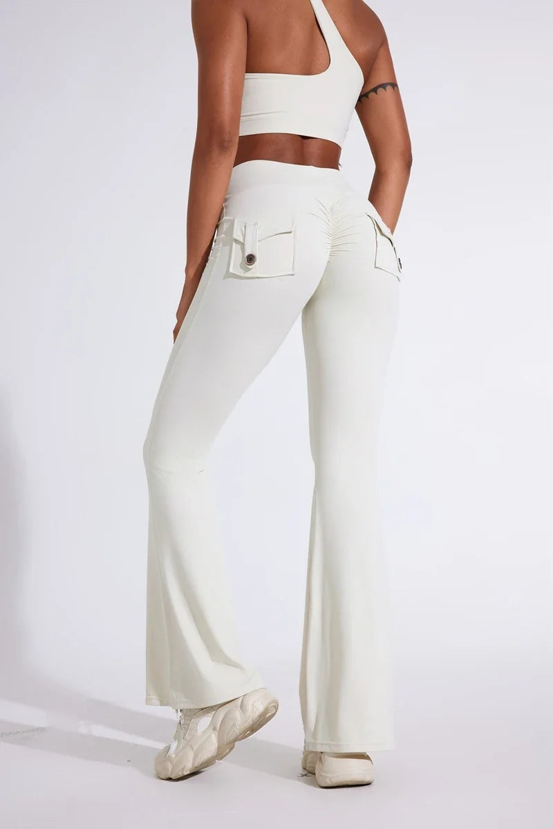 DIAS FIT JOY Women's pocket bell bottoms yoga high waisted hip lifting fitness pants quick drying running exercise fitness gym