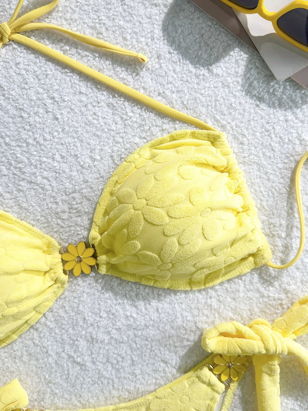 Sexy Yellow Bikini Set 2026 Women 3D Flower Pleate Push Up Bra Tie Side Thong Swimsuit Beach Holiday Bathing Suit Micro Swimwear