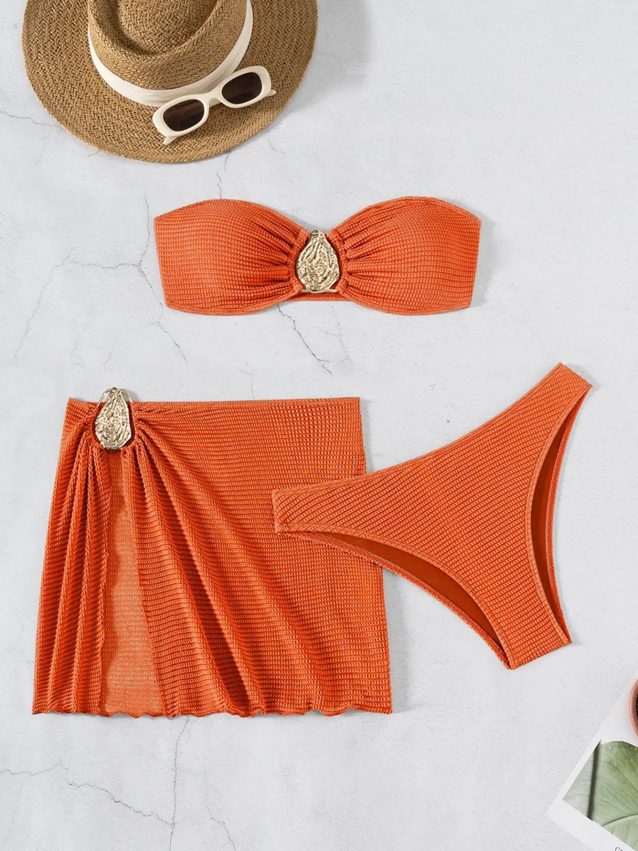 2026 New Sexy Bandeau Bikini Women Metal Water Droplet Ornament Push Up Mesh Skirt 3 Piece Swimsuit Beach Bathing Suit Swimwear