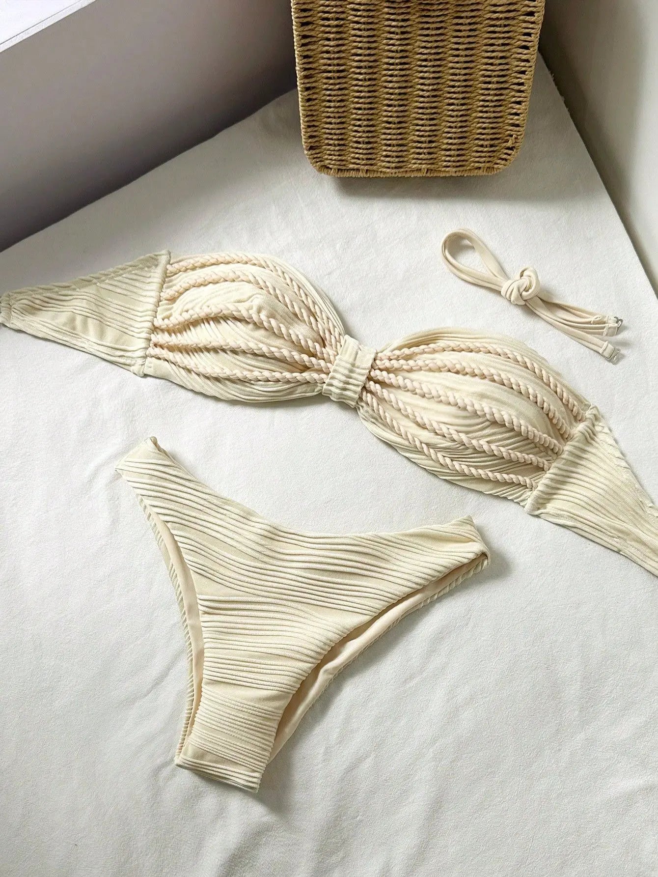 Sexy Bandeau Bikini 2026 Women Coffee Braiding Rope Pleate Tie Push Up High Waist Swimsuit Beach Holiday Bathing Suit Swimwear