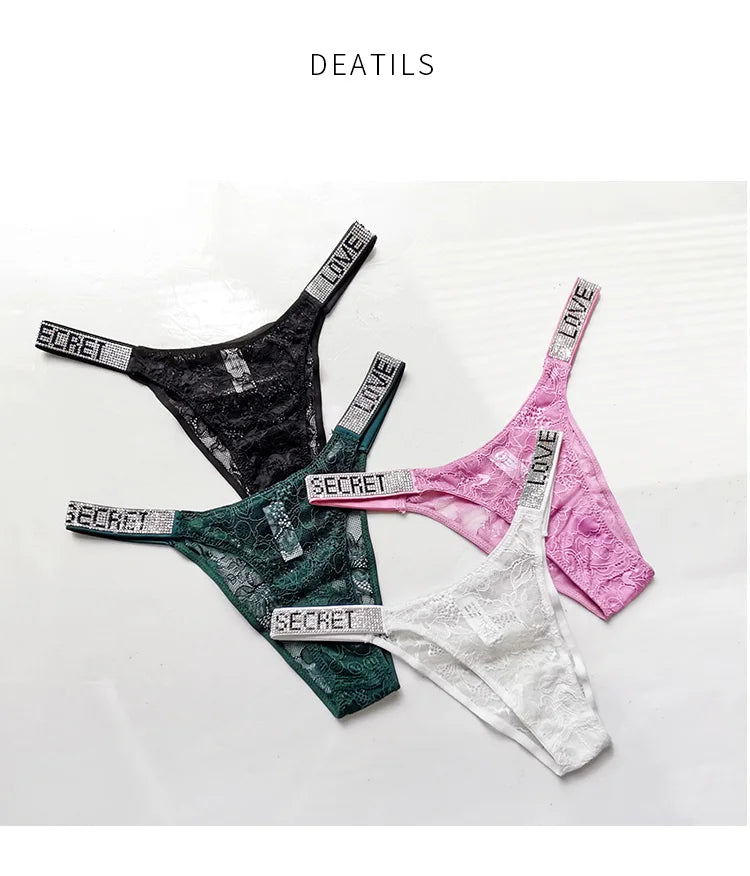 Rhinestone Lace Letter Sexy G String Women Panties Seamless Girls Underwear Transparent Thong For Female Low Rise Ladies Briefs