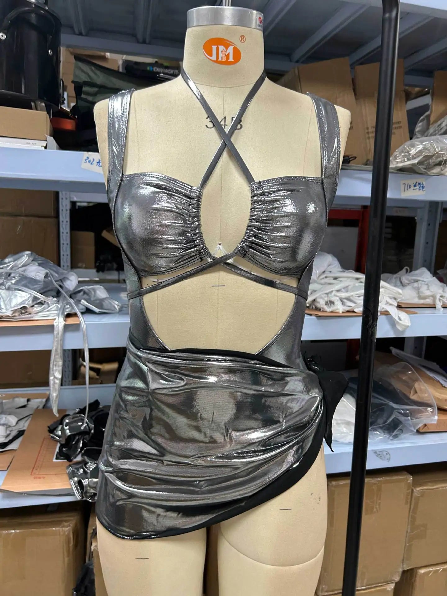 Shiny One Piece Swimsuit 2025 Women Sexy Silver Gold Hollow Out Criss Cross Skirt Swimwear Set Bathing Suit PU Swimming Monokini
