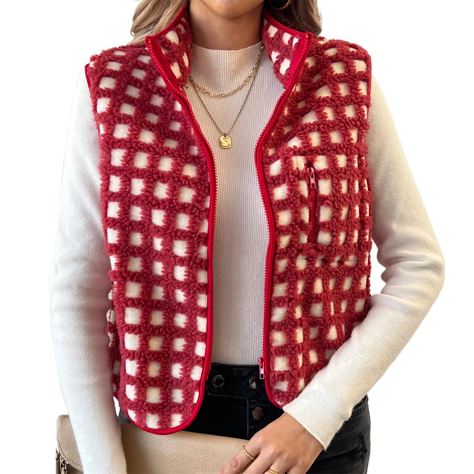 Women’s Fuzzy Checkered Vest Sleeveless Stand Collar Zip Up Vest Jacket Loose Spring Fall Warm Outwear
