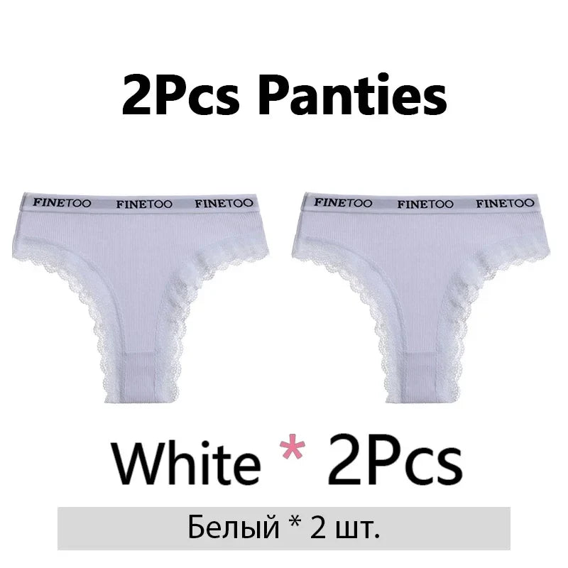 FINETOO 2Pcs/Set Women Cotton Brazilian Panties Plus Size M-2XL Lingerie Sexy Lace Underwear Low Rise Girls Intimates Underpants
