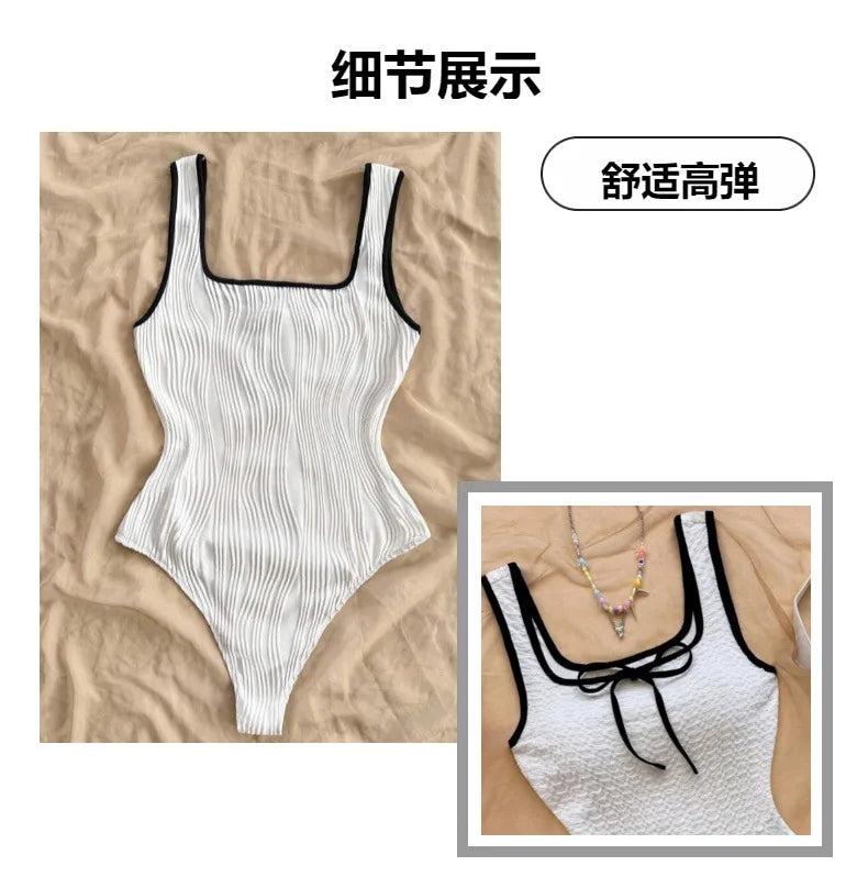 Vintage White Patchwork One Piece Swimsuit 2026 Women Front Tie Slim Tummy Control Swimwear Summer Holiday Bathing Suit Monokini