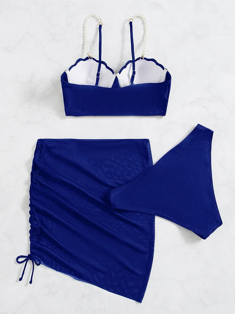 2024 New Sexy 3 Piece Bikinis Set Women Swimsuit with Skirt Swimwear Female Push Up Bikini Beachwear Faux Pearl Bathing Suit