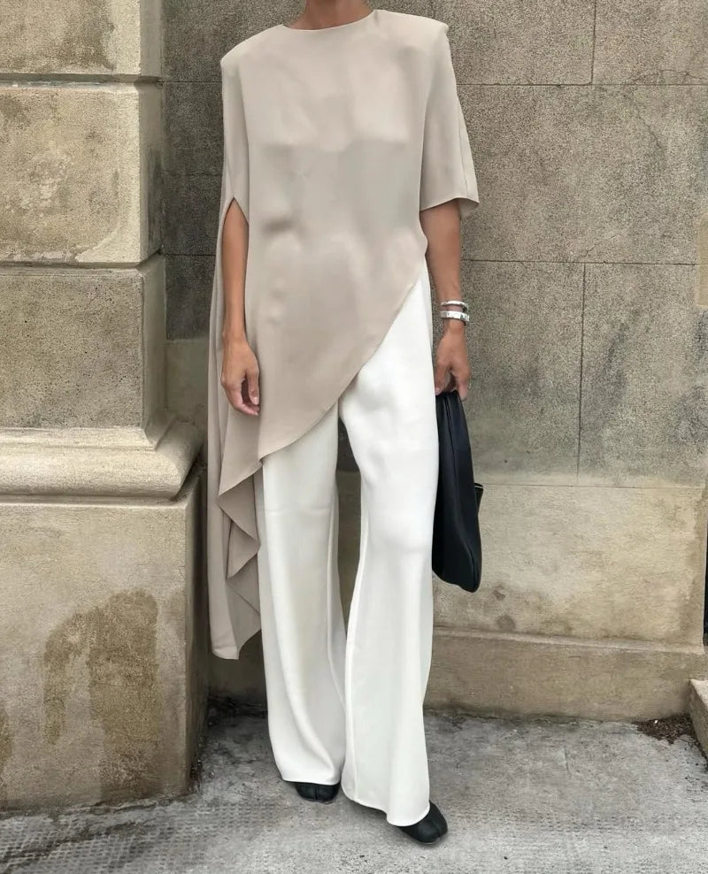 Trendix White Asymmetrical Cover Up For Women Fashion Ruffle Hem Loose Short Sleeve Shirts Casual Elegant Commuting Pullover Top