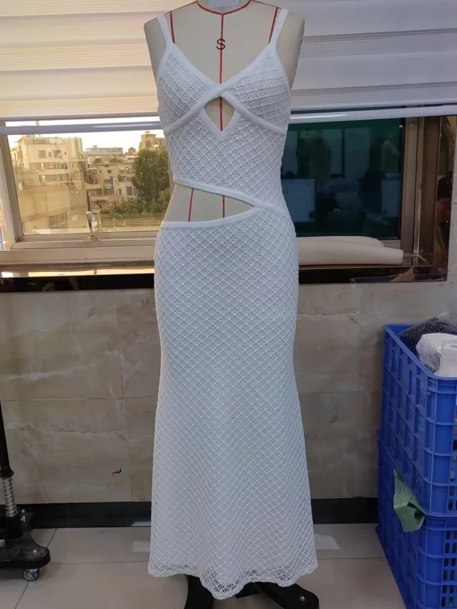 Fashion Cut Out Women Long Dresses Elegant Party Stylish Solid Maxi Dress Sleeveless Spaghetti Strap Slim Bodycon Dress Vestidos