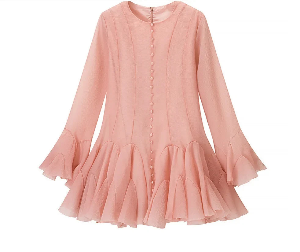Women's Fashion Ruffled Hem Patchwork Short Dress Blush Pink Ruffled Mini Dress For Women Sleeves Front Button Hem Fashion T0PU