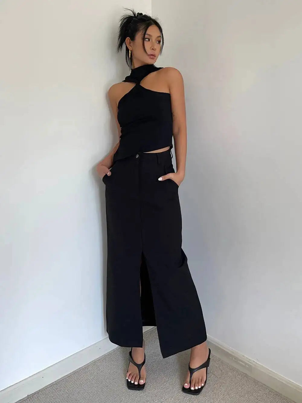 WOMENGAGA Retro High Waist Half Skirt Girl Bifurcate Slim A-LINE Gray Skirts Fashion American Spicy Girls 2023 New 5P2F