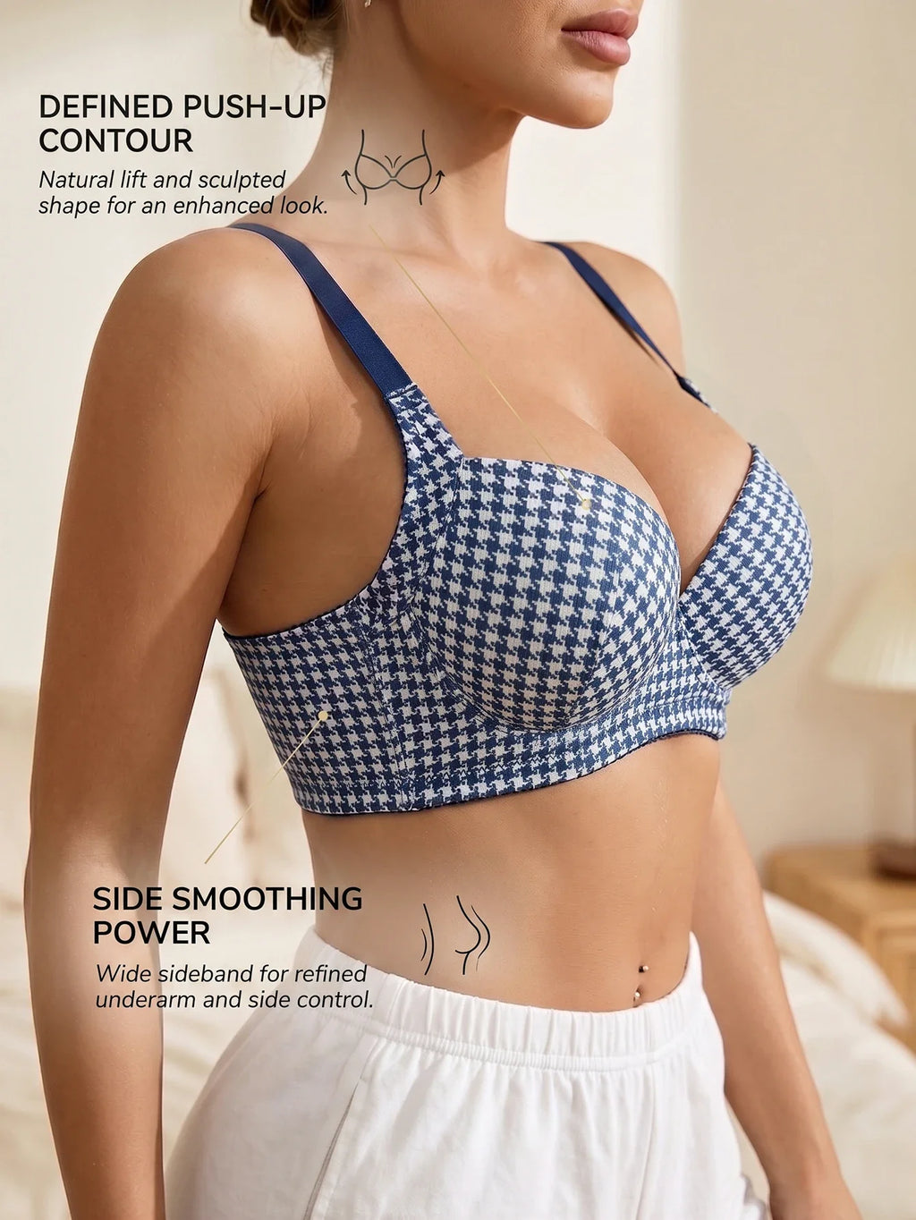 Women's Plaid Push-Up Bra Wide Straps Seamless Smoothing Underwear Underwire Side Support Adjustable Bra for Daily Wear