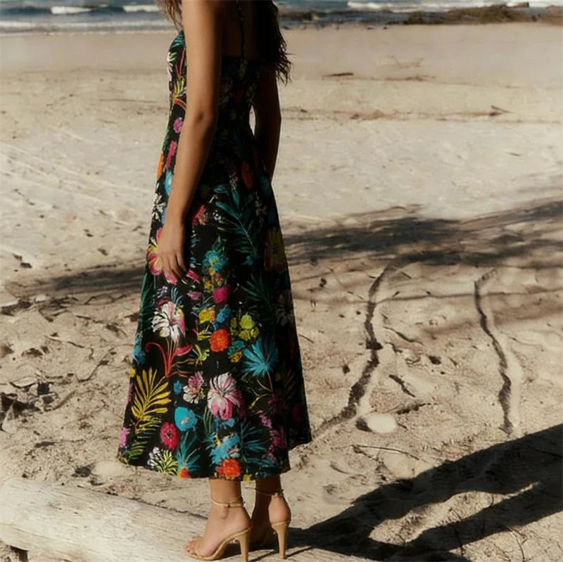 Women Floral Geometric Neck Long Party Dress Fashion Sleeveless Spaghetti Strap Dress Fashion Vacation Cocktail Flowy Sun Dress