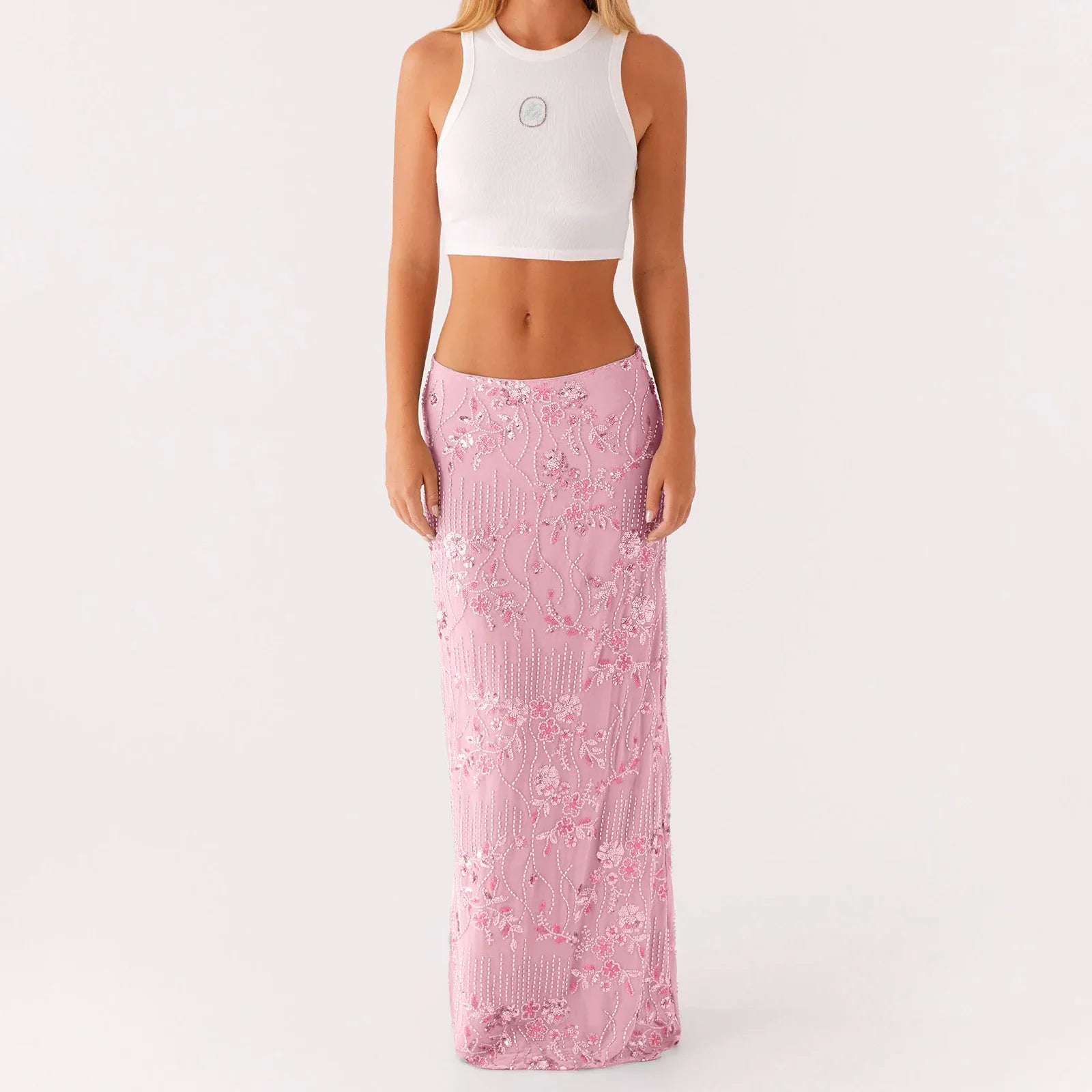Elegant Beading Sequined Long Skirt for Women Summer Casual Floral Embroidery Maxi Straight Skirts for Beach Club Streetwear