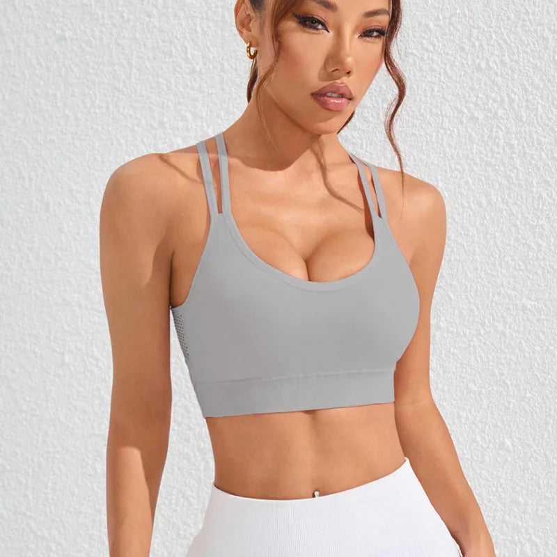 Color-blocked Yoga Top with Cross-straps Yoga Bra Stretchy Comfortable Breathable Sports Vest Wire-free Bra