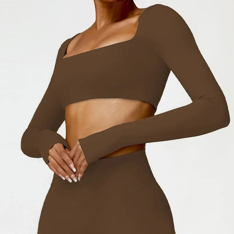 Hearuisavy Summer Casual Quick Dry Sportswear Women Square Neck Gym Top Women Fitness Sports Crop Top Long Sleeve Yoga Clothing