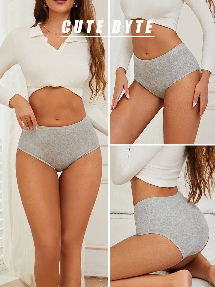 3Pcs women cotton High Waist underwear breathable Striped Panties Female Plus Size Solid Color Briefs comfortable Lingerie S-XXL