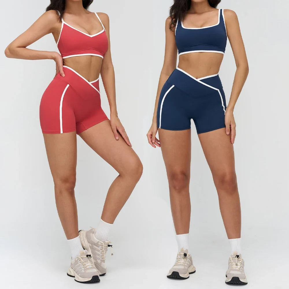 Patchwork Backless Yoga Sets Women Sportswear High Waist Gym Scrunch Bum Shorts Set Female Fitness Sports Suit Workout Clothes