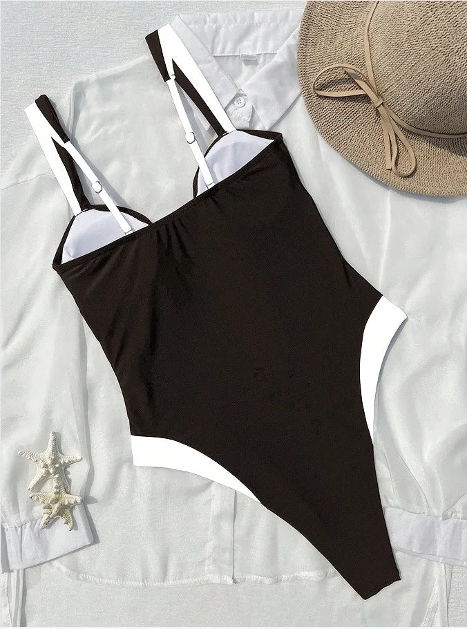Vintage Black White Patchwork Swimwear Women 2026 Sexy Metal U Neck Backless One Piece Swimsuit Beach Bathing Suits Monokini