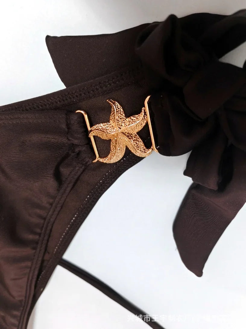 2025 Sexy Fashionable Swimsuit Women Solid Bikini Separable Backless Beach Swimming Suit Female's Black Swimwear Tankini Set