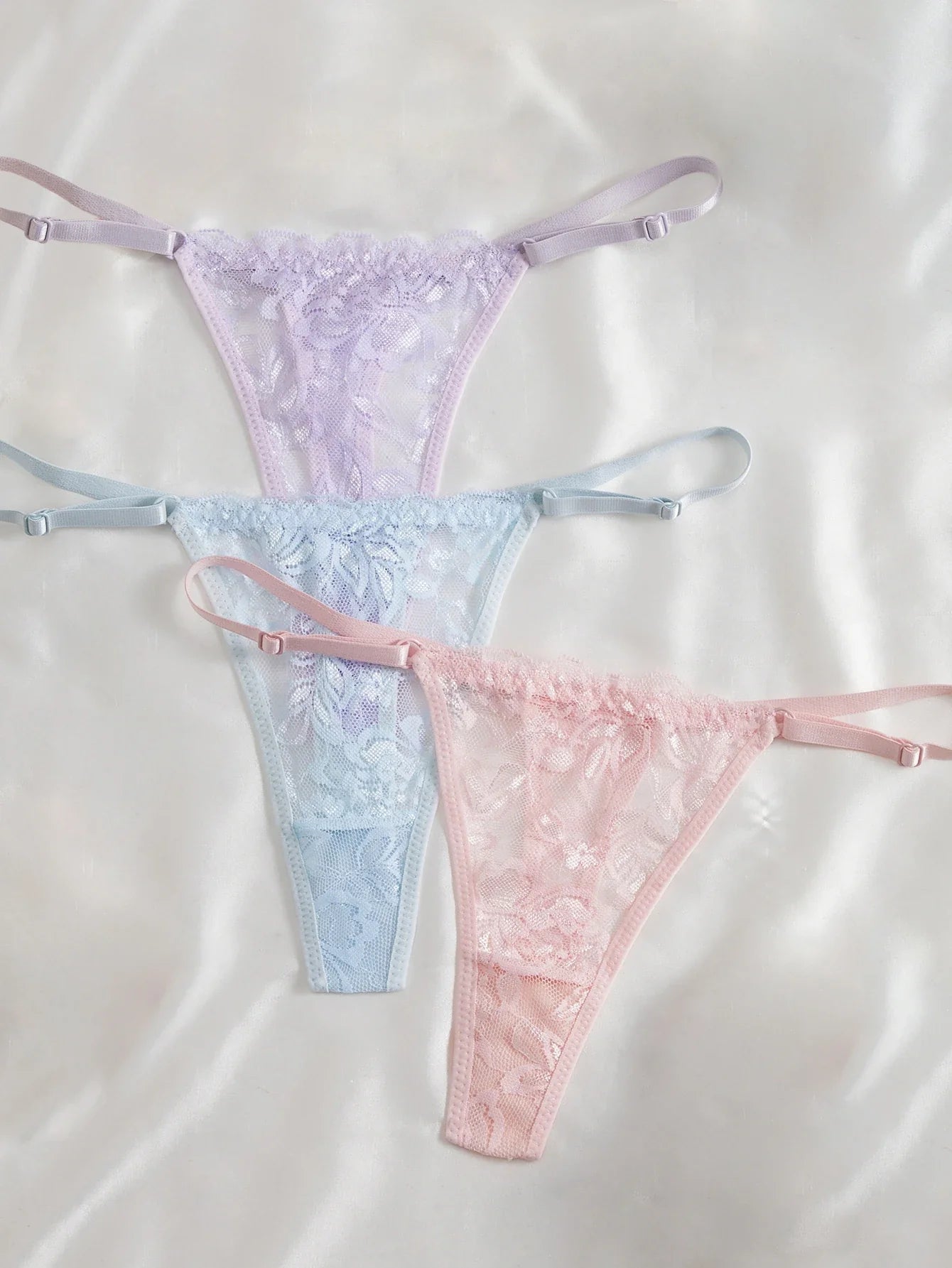 3-Pack Women's Sexy Lace Panties Underwear, Adjustable Strap Floral Lace Sheer Mesh Sexy Thong