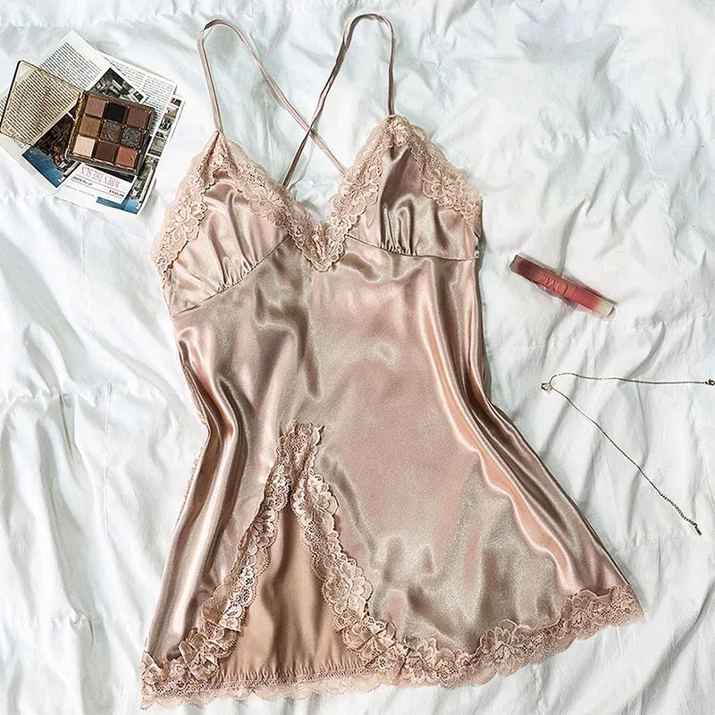 Ice Silk Thin Style Halter Nightdress Women's Lace  Homewear Sexy Pajamas Solid Lenceria Mujer Silk Satin Suspender Dresses