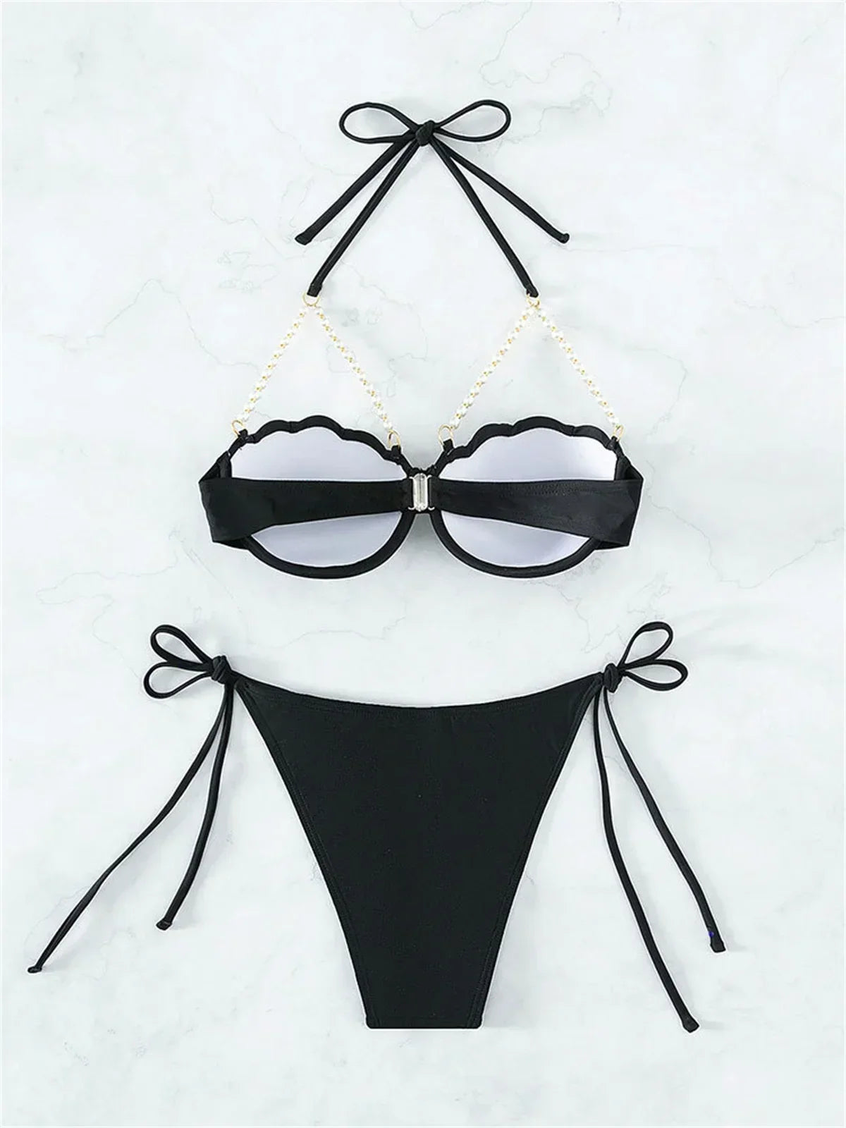 Sexy Shell Shape Underwire Bikini Tie Side Thong Bikinis Swimwear Women 2025 Black Pearls Strap Push Up Bathing Suit Swimsuit