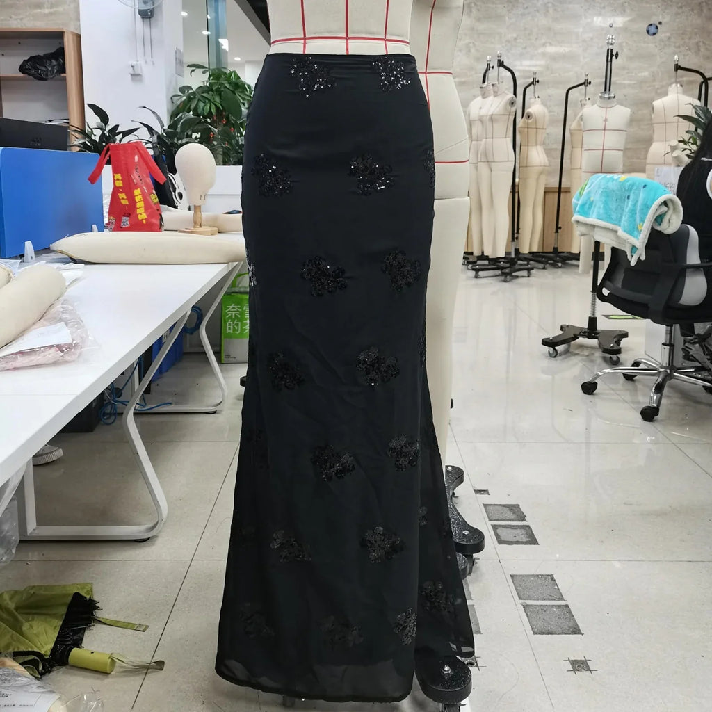 Elegant Sequin Long Skirts for Women Vintage Y2K Stylish Sequined Flowers Slim Fit Low Rise Maxi Skirt for Party Clubwear