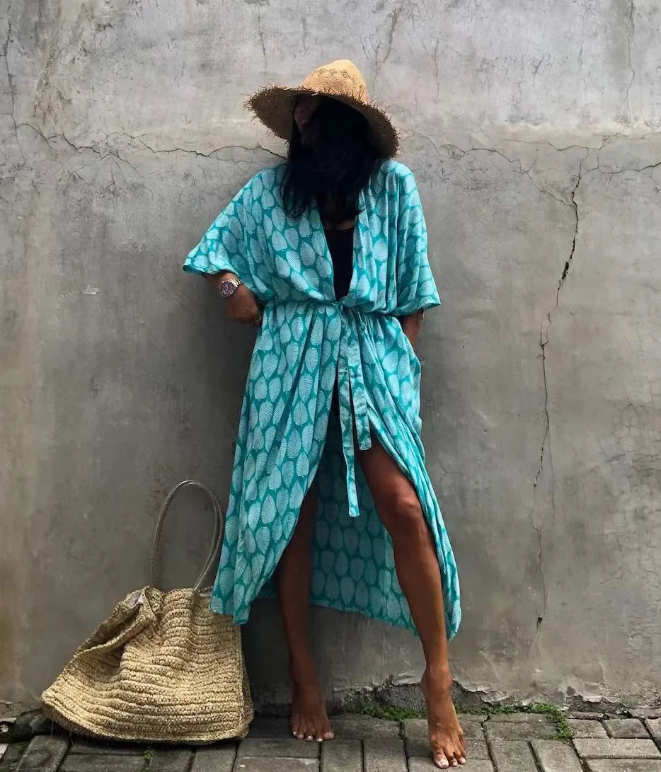 2024 New Summer Sexy Beach Kimono Swimwear Cotton Cover Up Swimsuit Women Print Bikini Cover Up Beachwear Dress Robe