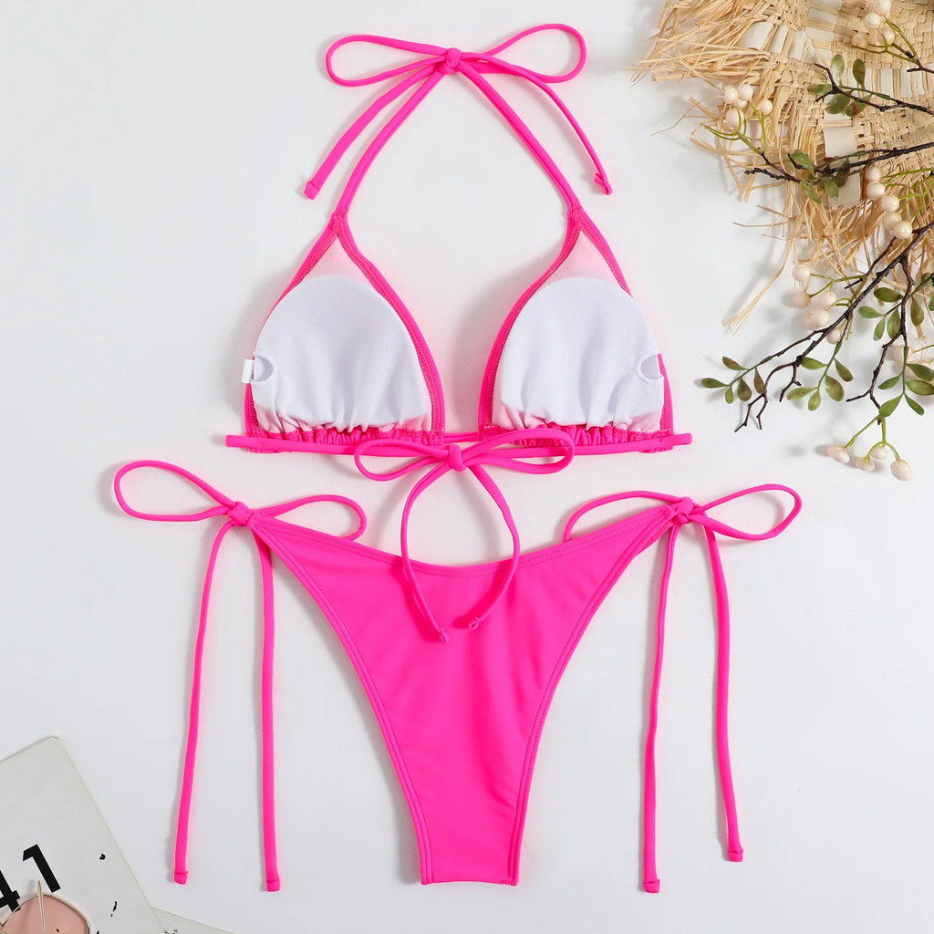Sexy Brown Bikini 2026 Women Solid Red Halter Push Up Bra Tie Side Triangle Swimsuit Summer Bathing Suit Lace Up Micro Swimwear
