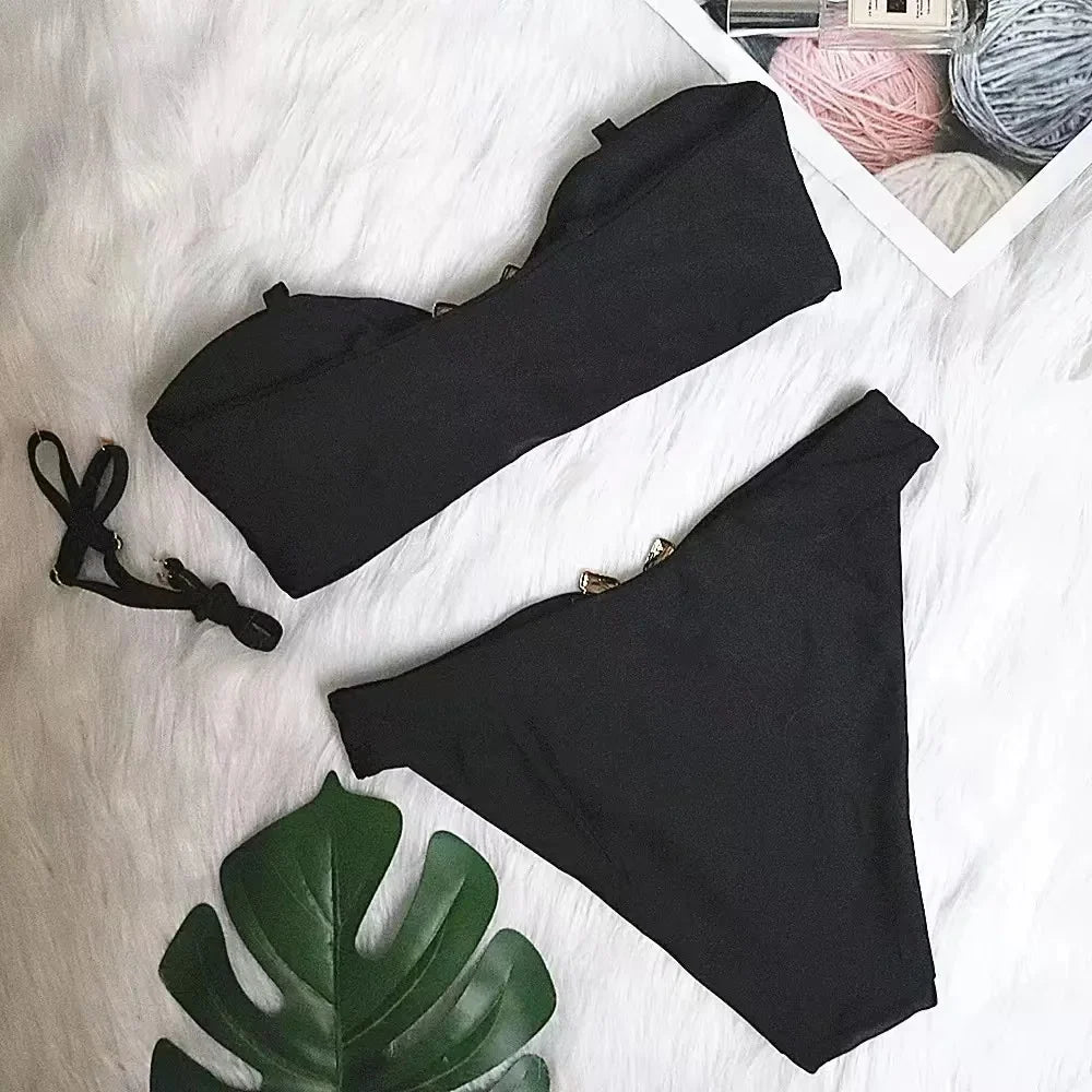 Sexy Solid Black Bikini 2024 New Women Off Shoulder High Cut Push Up Padded Rhinestone Swimwear Brazilian Bathing Suit Swimsuit